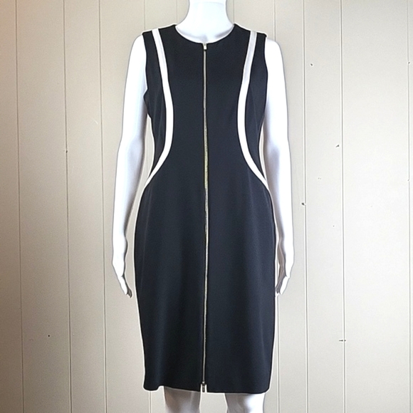 Calvin Klein Black and White Sleeveless Zip Front Knee Length Sheath Dre… - Picture 1 of 16